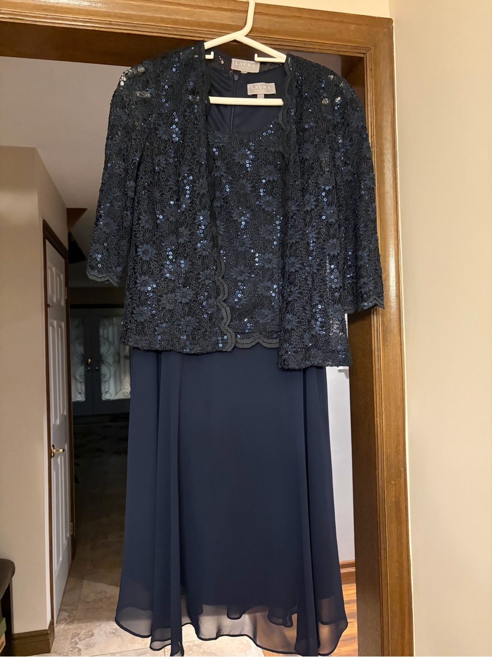 Laura Ashley Navy Lace Sequin Midi dress.